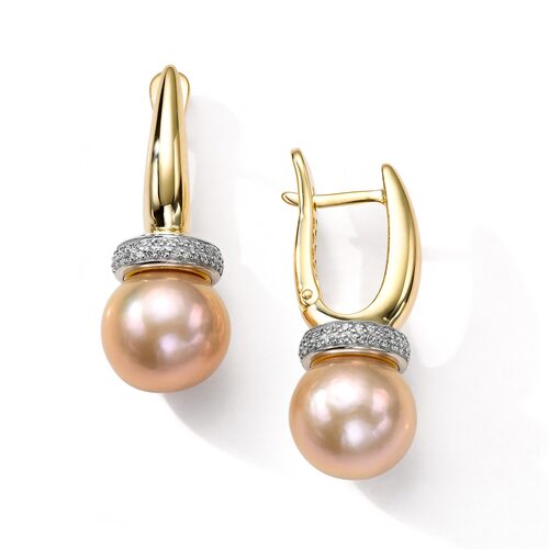 Серьги с жемчугом и бриллиантами из желтого золота 585 пробы