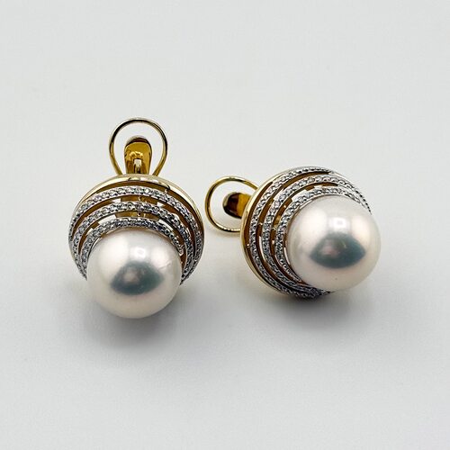 Серьги с бриллиантами и жемчугом из желтого золота 585 пробы