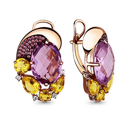 Серьги с корундами, фианитами, аметистами и цитрином из золота 585 пробы