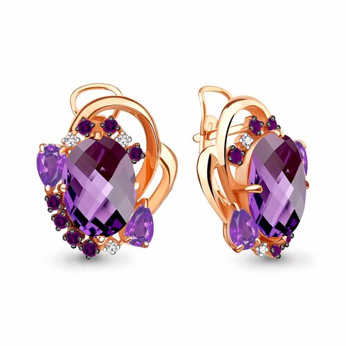 Серьги с корундами, фианитами и аметистами из золота 585 пробы