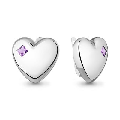 Серьги "Сердца" с аметистами из серебра 925 пробы