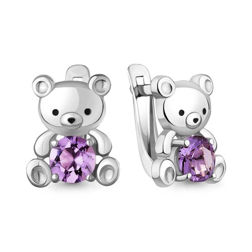 Серьги "Мишки" с аметистами и эмалью из серебра 925 пробы