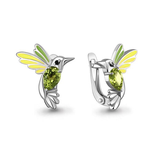 Серьги "Птицы" с хризолитом, нанокристаллами и эмалью из серебра 925 пробы