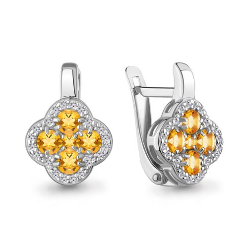 Серьги "Клевера" с цитрином и фианитами из серебра 925 пробы
