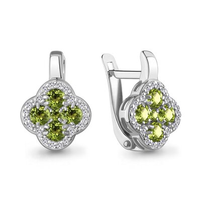 Серьги "Клевера" с хризолитами и фианитами из серебра 925 пробы