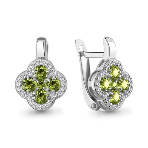 Серьги "Клевера" с хризолитами и фианитами из серебра 925 пробы