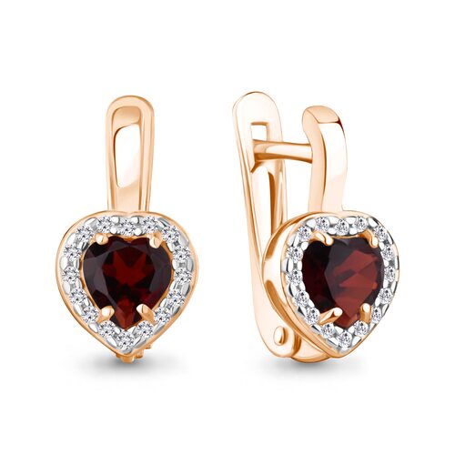 Серьги "Сердца" с фианитами и гранатами из золота 585 пробы
