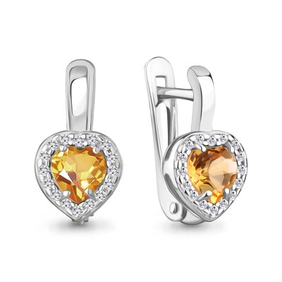 Серьги "Сердца" с цитринами и фианитами из серебра 925 пробы
