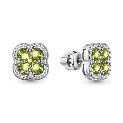 Серьги "Клевера" с хризолитами и фианитами из серебра 925 пробы