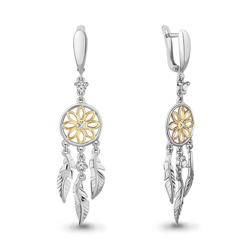 Серьги "Ловец снов" с фианитами из серебра 925 пробы с позолотой