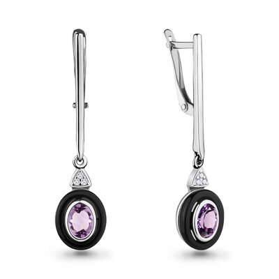 Серьги с аметистами, фианитами и керамикой из серебра 925 пробы