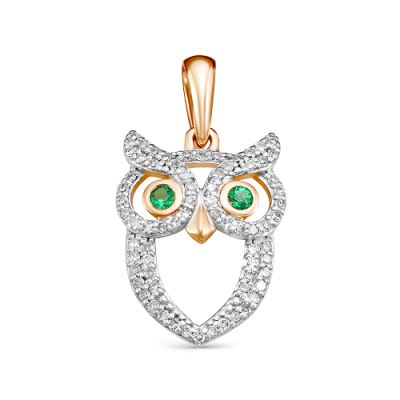 Подвеска "Сова" с изумрудами и бриллиантами из золота 585 пробы