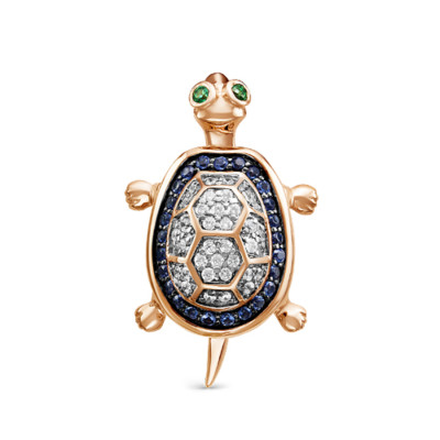 Подвеска "Черепашка" с бриллиантами, изумрудами и сапфирами из золота 585 пробы