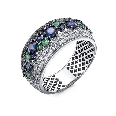 Кольцо с сапфирами, изумрудами и бриллиантами из белого золота 585 пробы