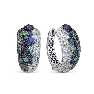 Серьги с сапфирами, изумрудами и бриллиантами из белого золота 585 пробы