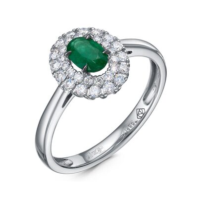 Кольцо с изумрудом и бриллиантами из белого золота 585 пробы