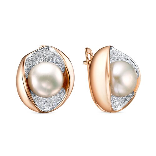 Серьги с фианитами и жемчугом из золота 585 пробы