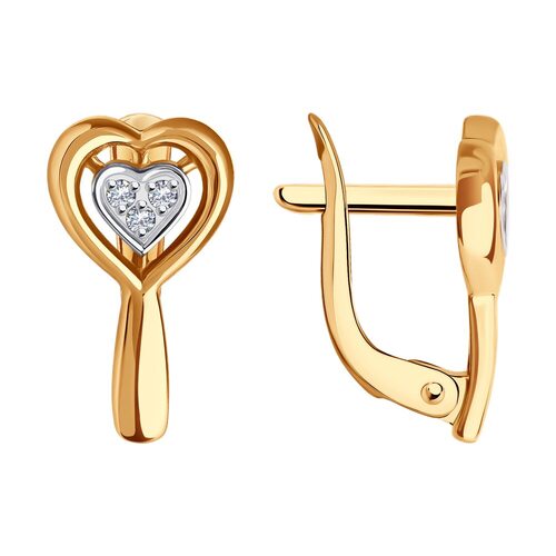 Серьги "Сердца" с фианитами из золота 585 пробы