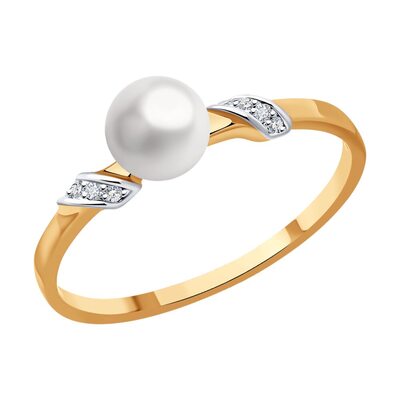 Кольцо с жемчугом и бриллиантами из золота 585 пробы