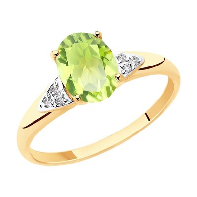 Кольцо с хризолитом и фианитами из золота 585 пробы