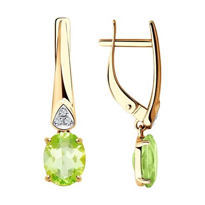 Серьги с хризолитами и фианитами из золота 585 пробы