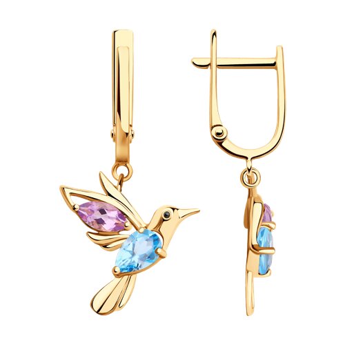 Серьги с аметистом и топазом из золота 585 пробы