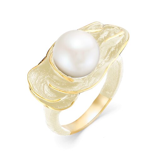 Кольцо с жемчугом и эмалью из серебра 925 пробы с позолотой