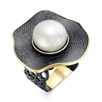 Кольцо с эмалью и жемчугом из серебра 925 пробы с позолотой