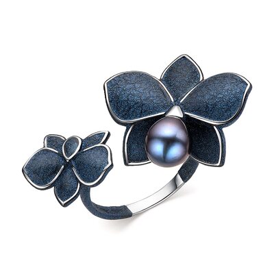 Кольцо "Цветы" с жемчугом и эмалью из серебра 925 пробы