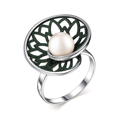 Кольцо "Цветы" с жемчугом и эмалью из серебра 925 пробы