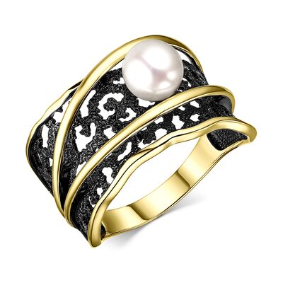 Кольцо с жемчугом и эмалью из серебра 925 пробы с позолотой