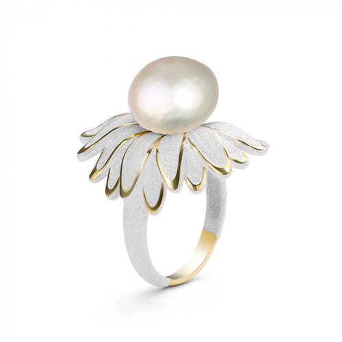 Кольцо "Цветок" с эмалью и жемчугом из серебра 925 пробы с позолотой