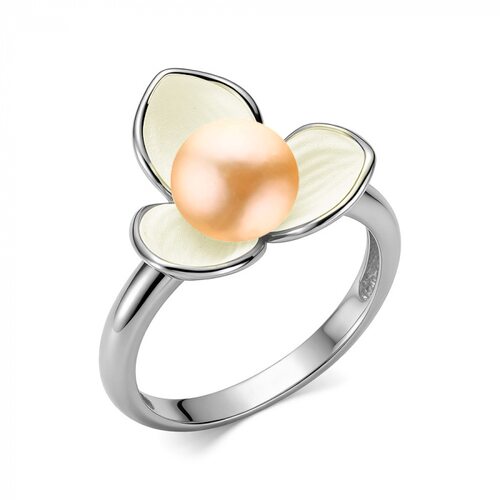 Кольцо "Цветок" с эмалью и жемчугом из серебра 925 пробы