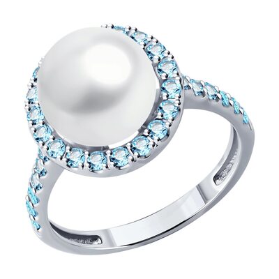 Кольцо с жемчугом и топазами из белого золота 585 пробы