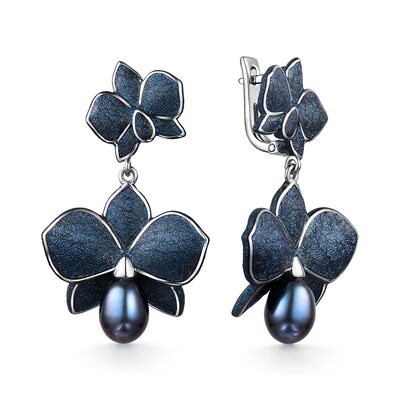 Серьги "Цветы" с жемчугом и эмалью из серебра 925 пробы
