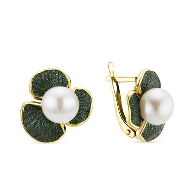 Серьги "Цветы" с жемчугом и эмалью из серебра 925 пробы с позолотой