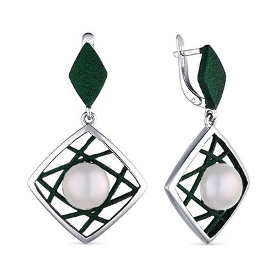 Серьги с жемчугом и эмалью из серебра 925 пробы