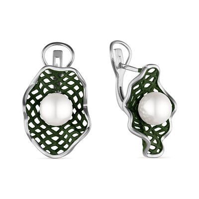 Серьги с жемчугом и эмалью из серебра 925 пробы