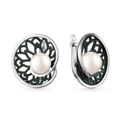 Серьги "Цветы" с жемчугом и эмалью из серебра 925 пробы