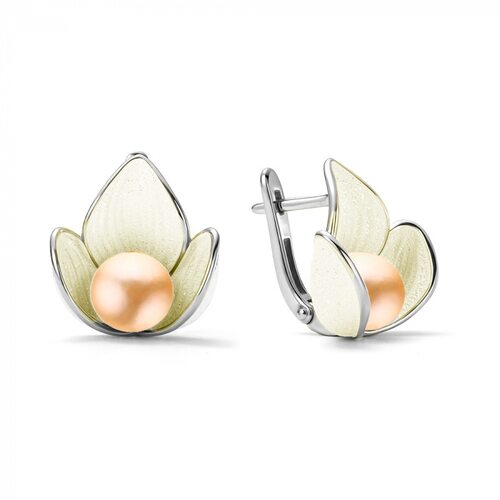 Серьги "Цветы" с эмалью и жемчугом из серебра 925 пробы