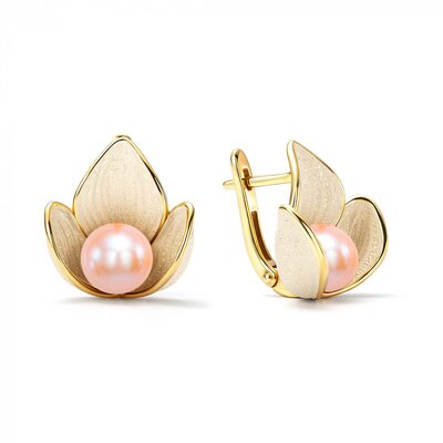 Серьги "Цветы" с эмалью и жемчугом из серебра 925 пробы с позолотой