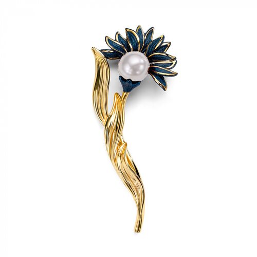 Брошь "Василек" с эмалью и барочным жемчугом из серебра 925 пробы с позолотой