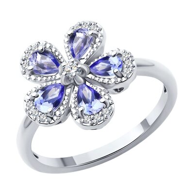 Кольцо "Цветок" с танзанитами и бриллиантами из белого золота 585 пробы