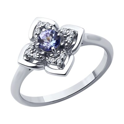 Кольцо с бриллиантами и танзанитом из белого золота 585 пробы