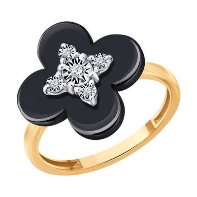 Кольцо "Клевер" с бриллиантами и керамикой из золота 585 пробы