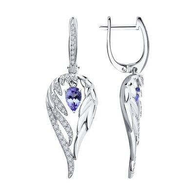 Серьги "Крылья" с танзанитом и бриллиантами из белого золота 585 пробы