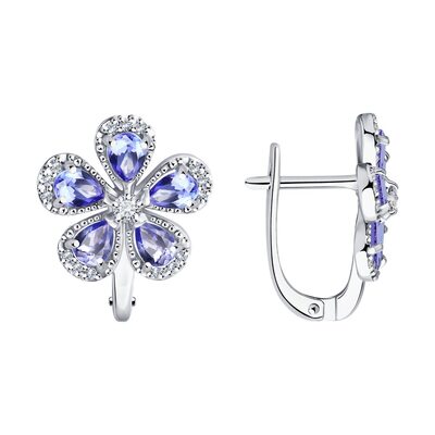 Серьги "Цветок" с танзанитами и бриллиантами из белого золота 585 пробы