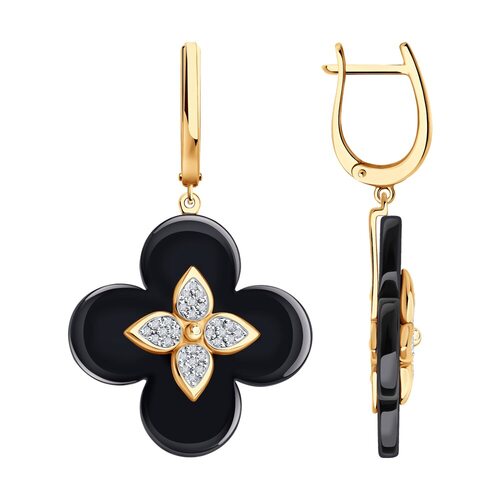Серьги "Цветы" с бриллиантами и керамикой из золота 585 пробы