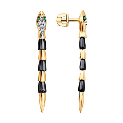 Серьги с керамикой, бриллиантами и изумрудами из золота 585 пробы