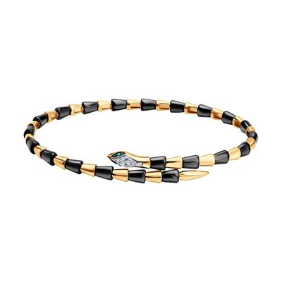 Браслет "Змея" с керамикой, бриллиантами и изумрудами из золота 585 пробы